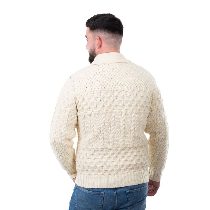 Men's Aran Shawl Neck Merino Cardigan, White Back View Creative Irish Gift