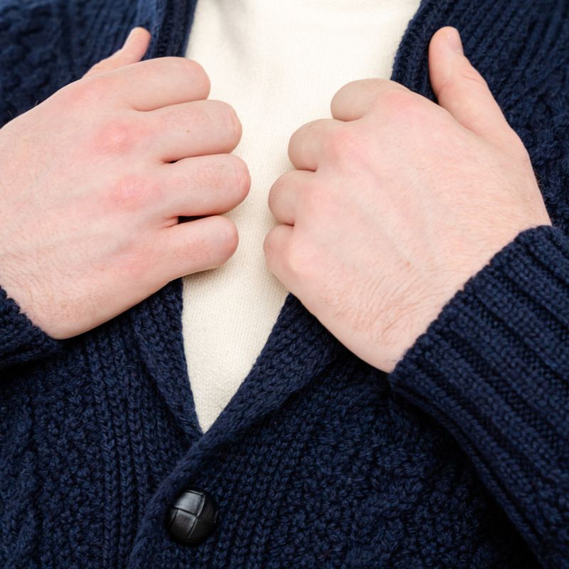Men's Aran Shawl Neck Merino Cardigan, Navy Studio Creative Irish Gift