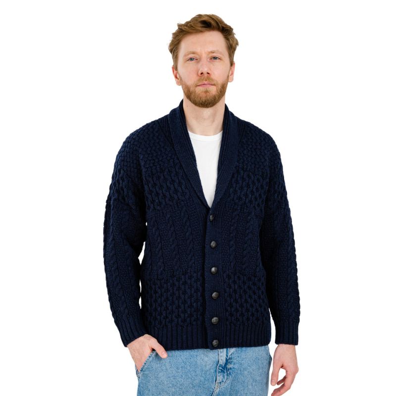 Men's Aran Shawl Neck Merino Cardigan, Navy Front View Creative Irish Gift