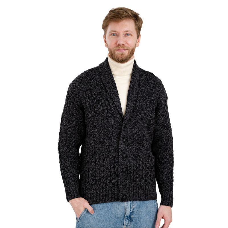 Men's Aran Shawl Neck Merino Cardigan, Anthracite Front View Creative Irish Gift