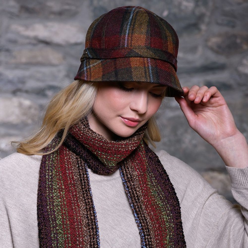 Ladies Wool Tweed Flapper Cap in Tartan side view Creative Irish Gift