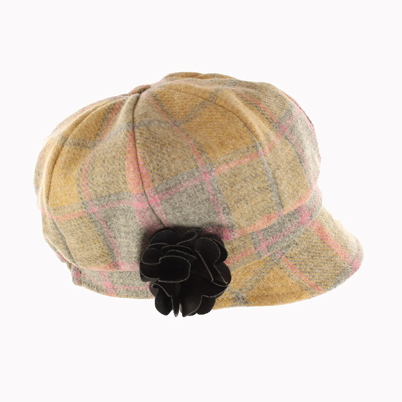 MWNewsboy751 Women's Irish 8 Piece Hat with Rosette Detail, Purple Plaid Creative Irish Gifts Side View
