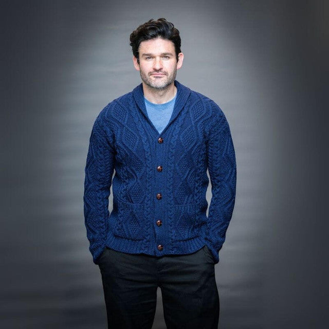 OAC-6011DWBLU Men's Traditional Aran Cardigan with Shawl Collar Creative Irish gift