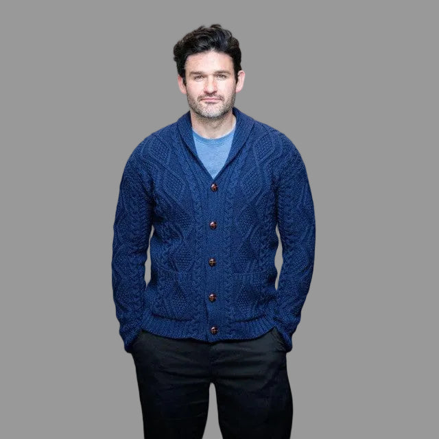 OAC-6011DWBLU Men's Traditional Aran Cardigan with Shawl Collar Creative Irish gift