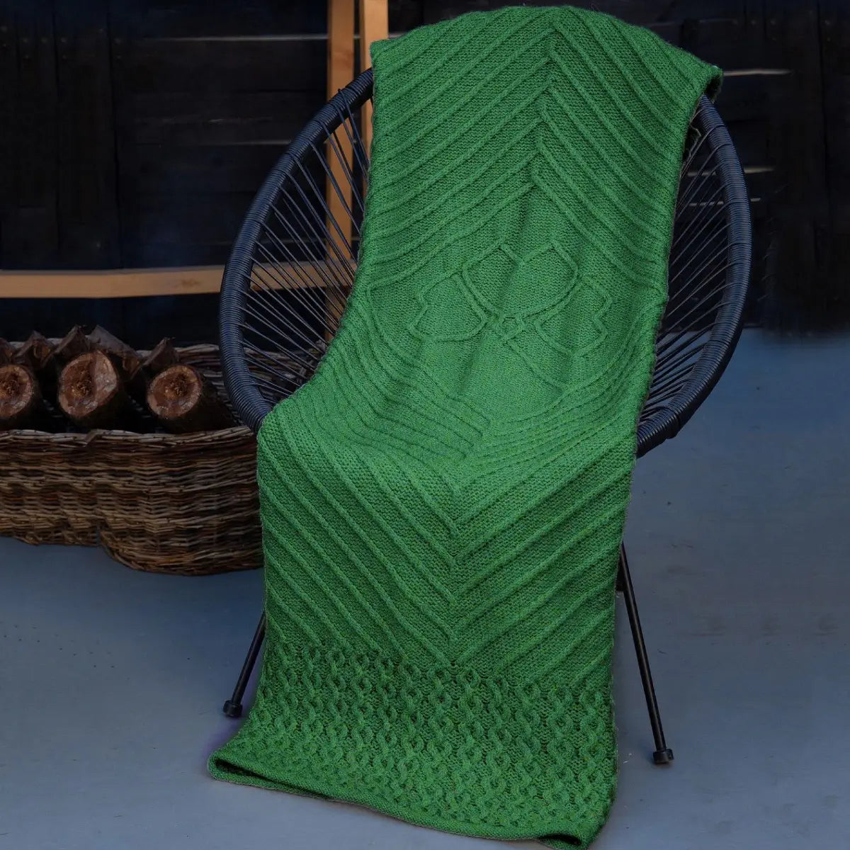 OG593 Aran Knit Shamrock Wool Throw Blanket Green Lifestyle View Creative Irish gift