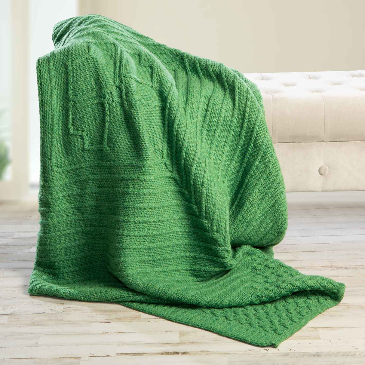 Aran Knit Shamrock Wool Throw Blanket - Green - Creative Irish Gifts