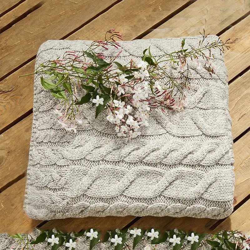 OG702 SuperSoft Merino Cable Knit Aran Blanket, Oatmeal Lifestyle View Creative Irish Gifts