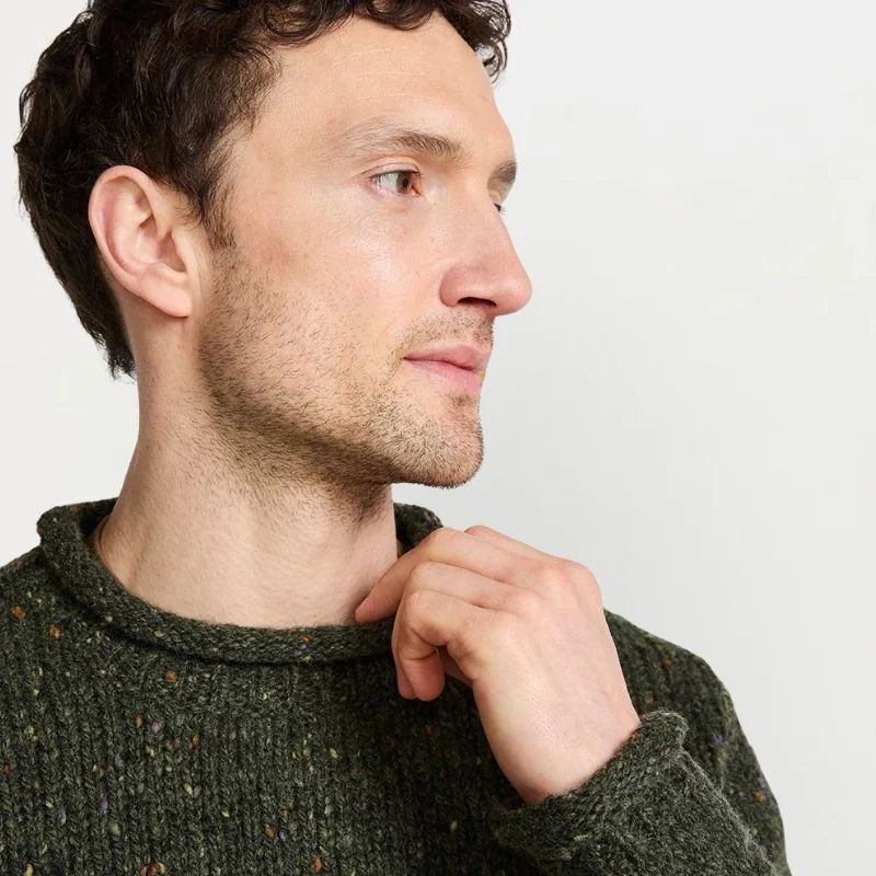 Men's Donegal Tweed Roll Neck Aran Sweater Green Creative Irish Gifts.com