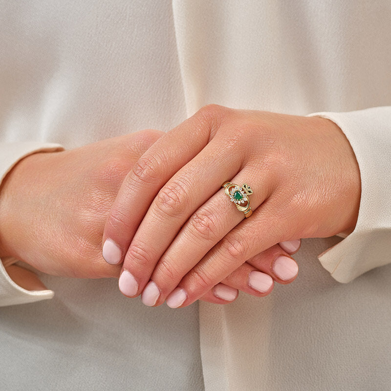 10K Gold Green Agate & CZ Claddagh Ring - Creative Irish Gifts