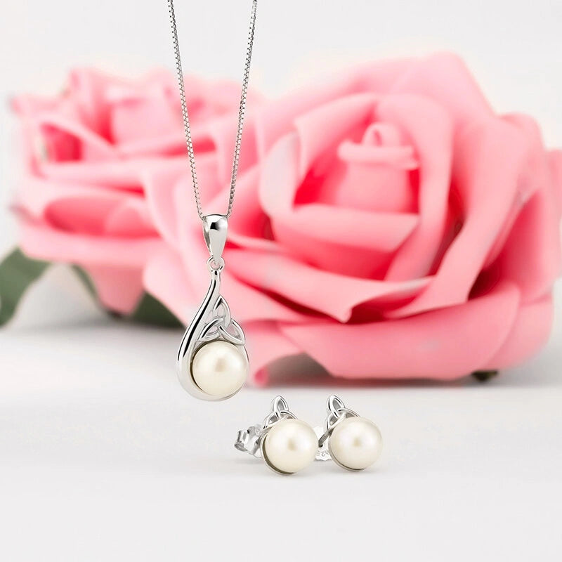 S33774 Silver Fresh Water Pearl Trinity Knot Stud Earrings and pendant Creative Irish Gifts
