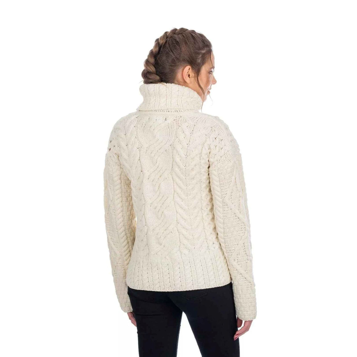 SA303-403 Women's Aran Cable Knit Turtleneck Sweater Back Creative Irish gift