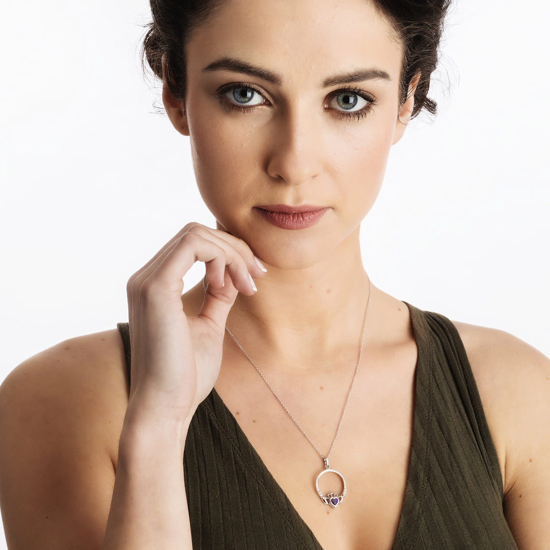 SP91AY Silver Claddagh Pendant, Amethyst February Birthstone Creative Irish Gifts