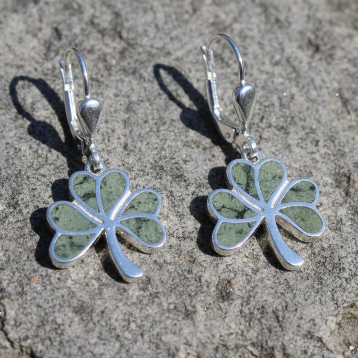 Silver Connemara Marble Shamrock Drop Earrings Front View Creative Irish Gifts