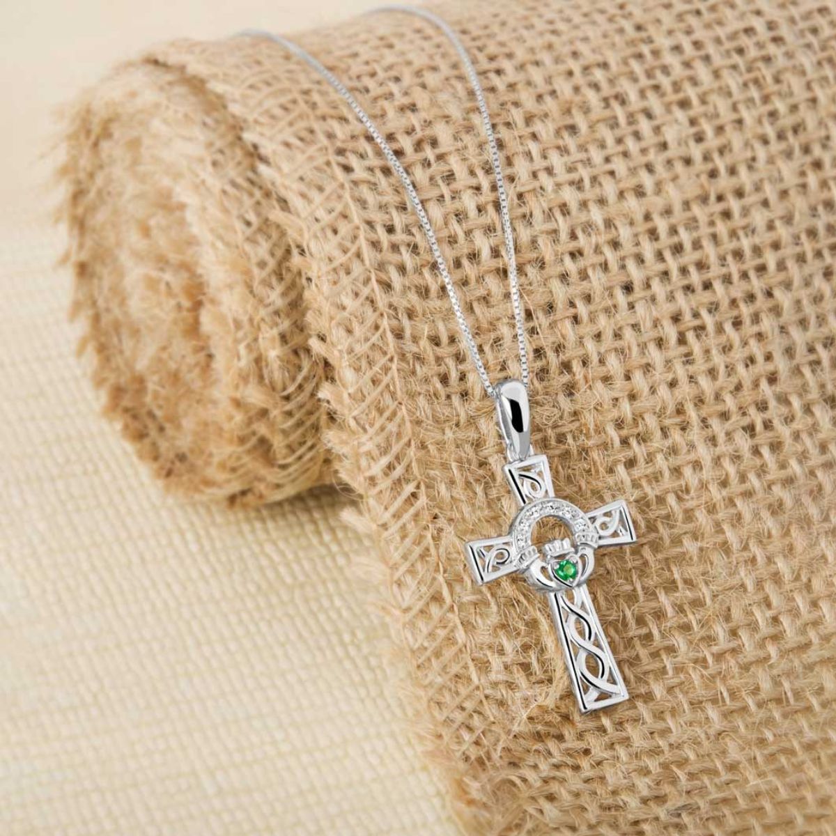 Silver Green Crystal Claddagh Cross Necklace Creative Irish Gifts