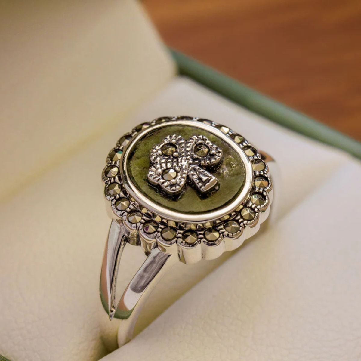 Sterling Silver Marcasite Shamrock Marble Ring - Creative Irish Gifts