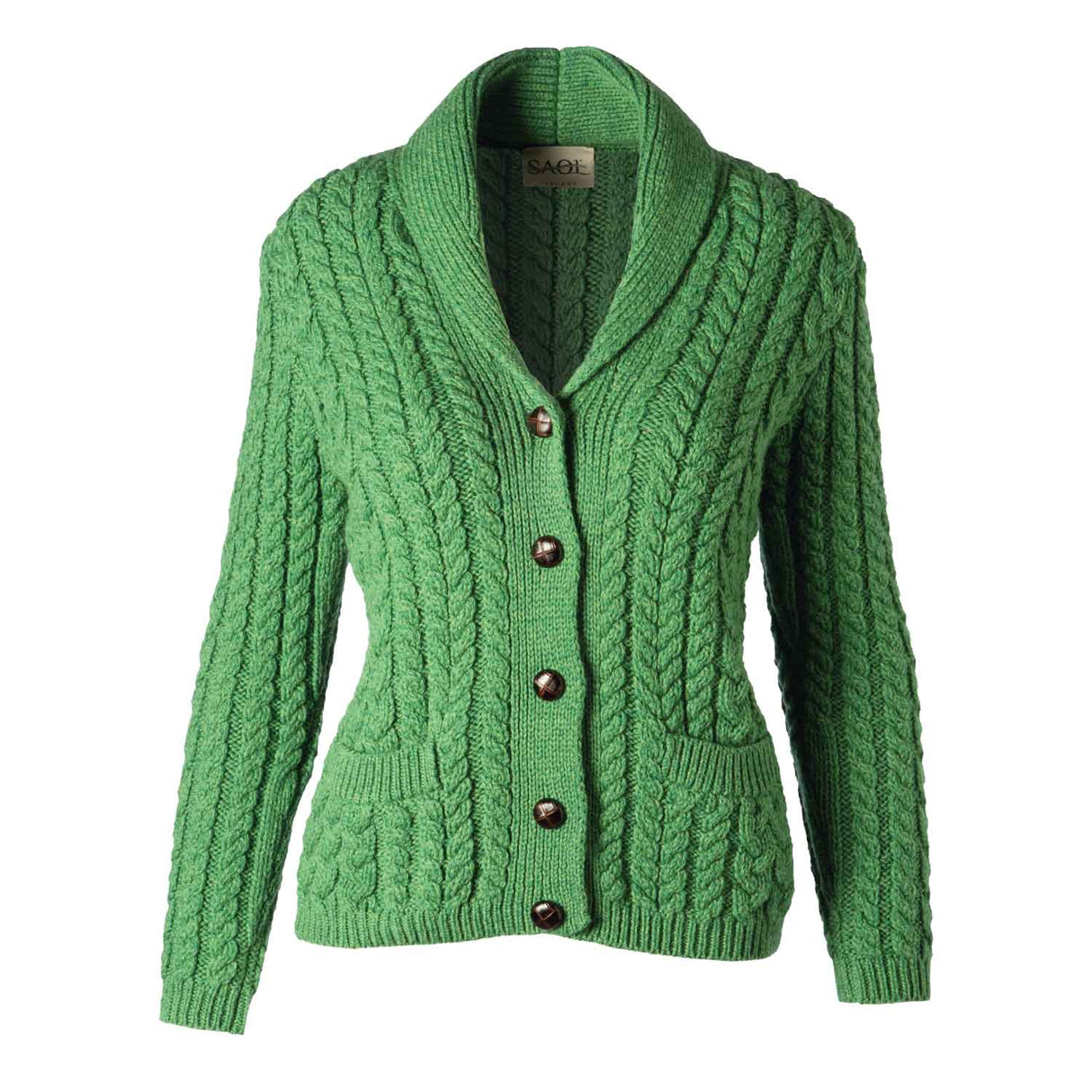 Women's Aran Knit Shawl Neck Cardigan, Green - Creative Irish Gifts