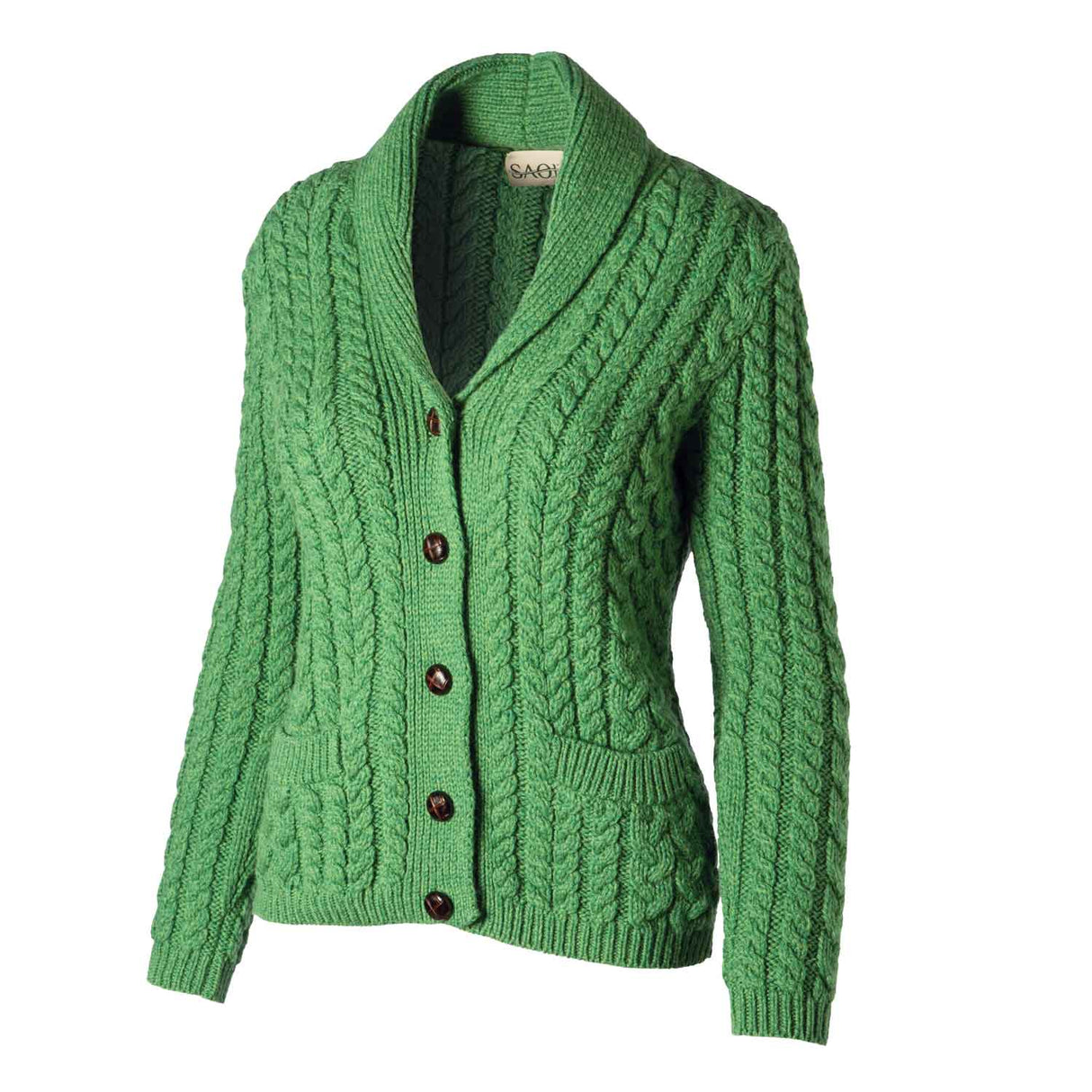 Women's Aran Knit Shawl Neck Cardigan, Green - Creative Irish Gifts