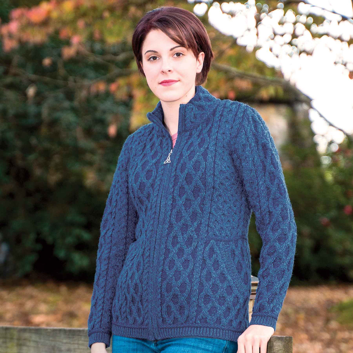 Zip Up Irish Aran Cardigan, Marl Blue, 100% Merino Wool - Creative Irish Gifts
