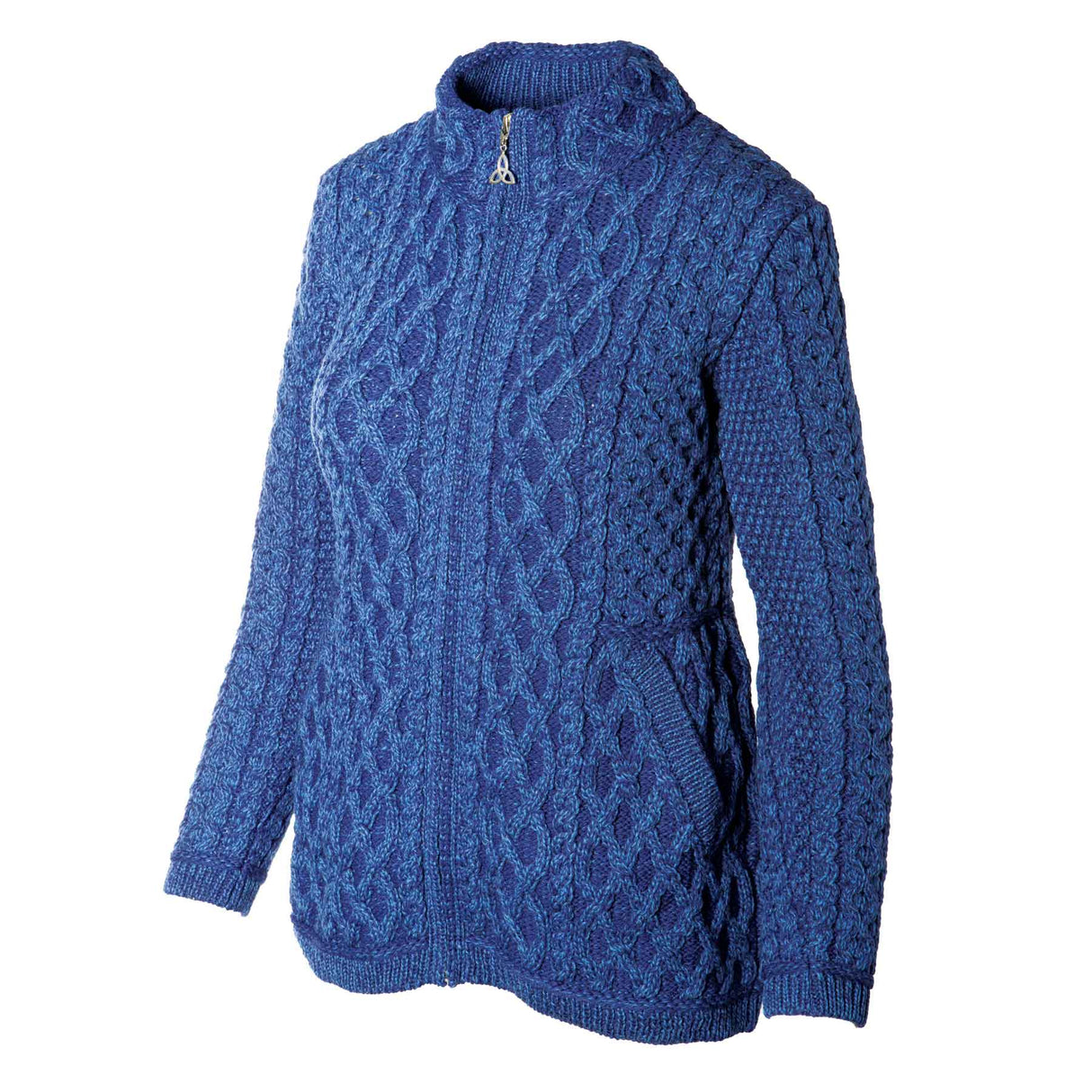 Zip Up Irish Aran Cardigan, Marl Blue, 100% Merino Wool - Creative Irish Gifts