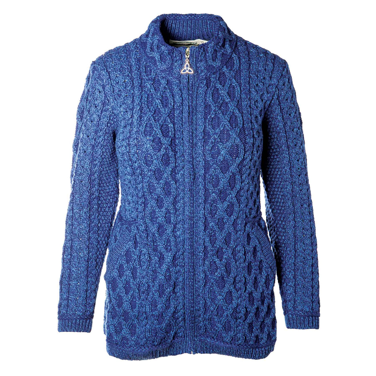 Zip Up Irish Aran Cardigan, Marl Blue, 100% Merino Wool - Creative Irish Gifts