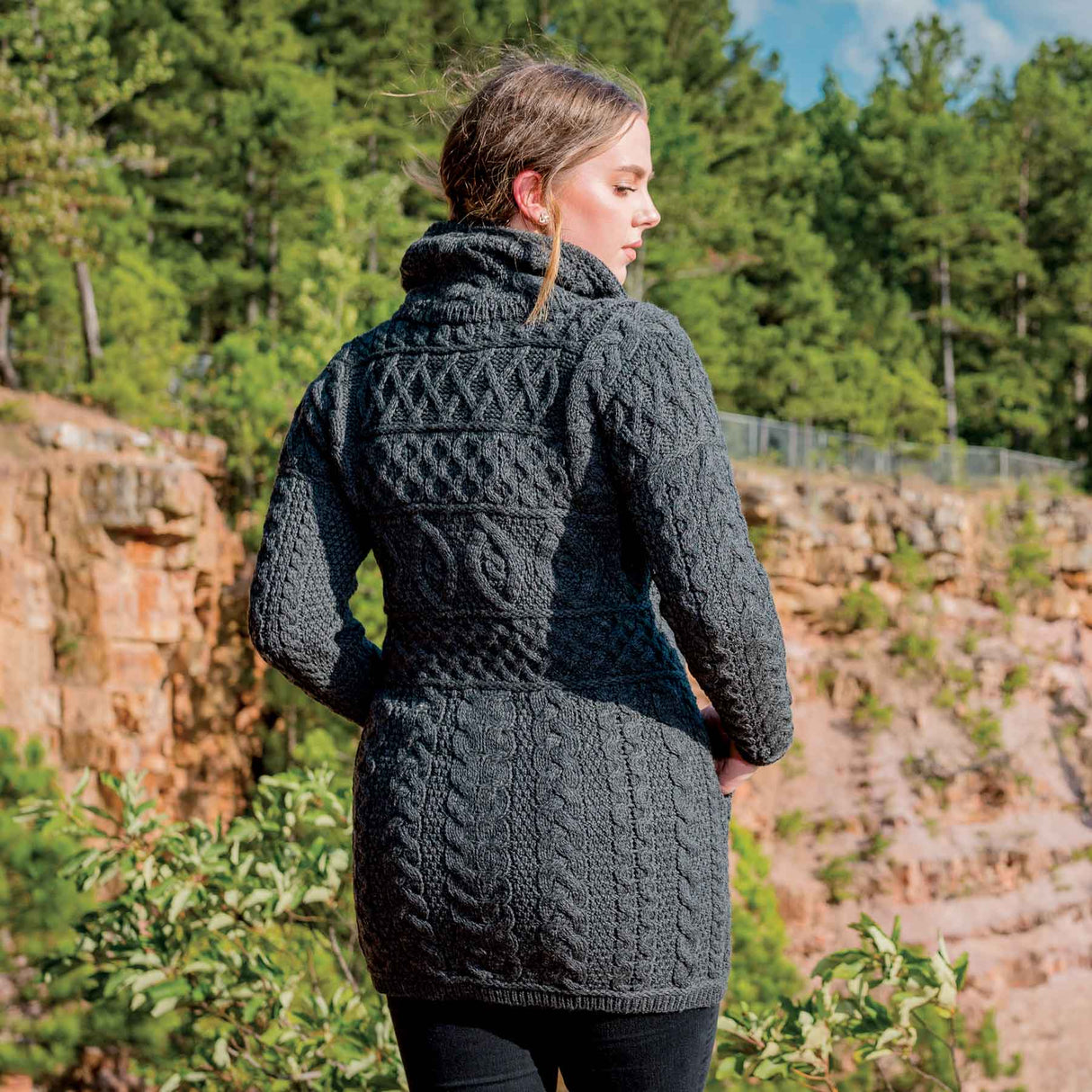 Aran Wool Sweater Jacket with Oversized Collar - Charcoal - 100% Merino Wool - Creative Irish Gifts