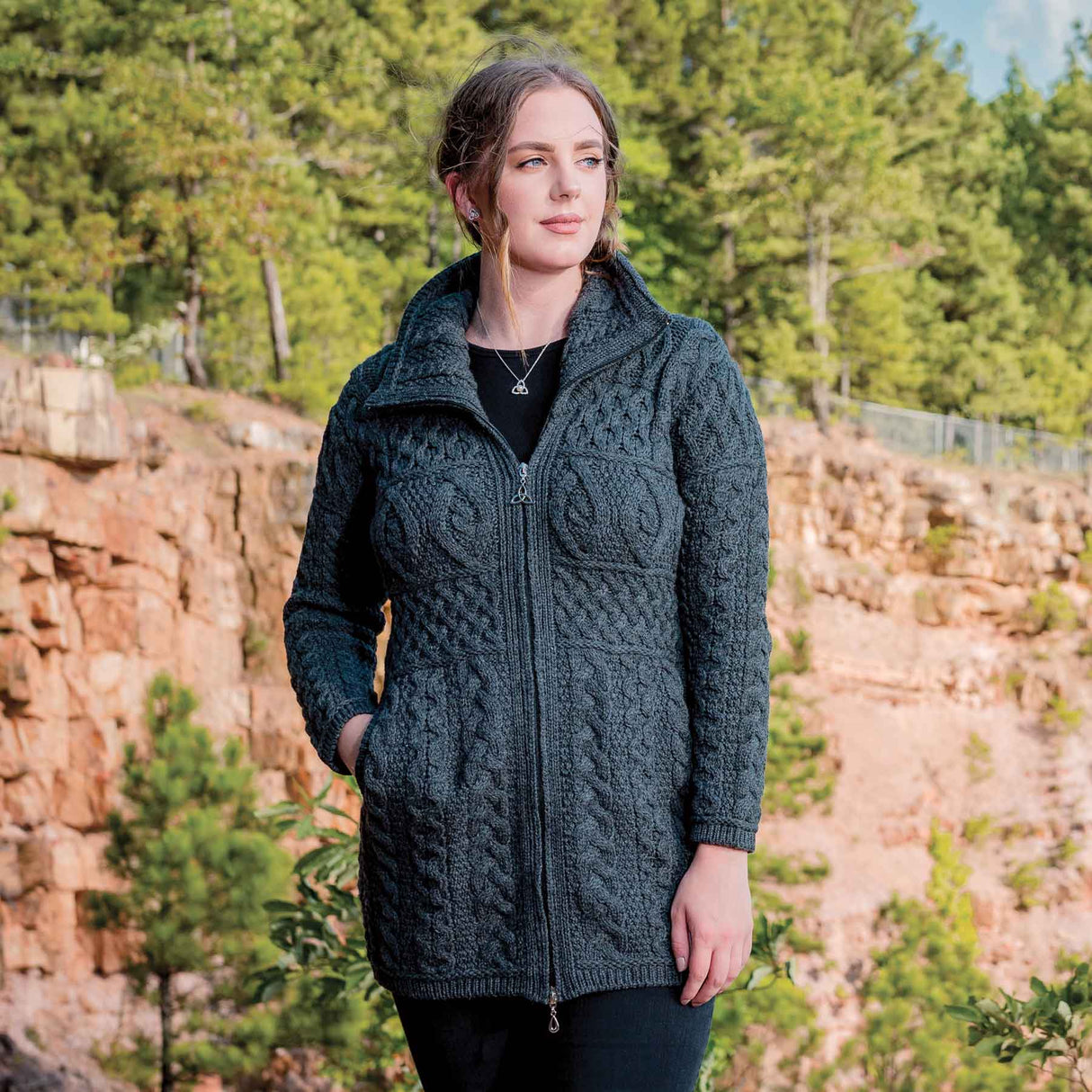 Aran Wool Sweater Jacket with Oversized Collar - Charcoal - 100% Merino Wool - Creative Irish Gifts