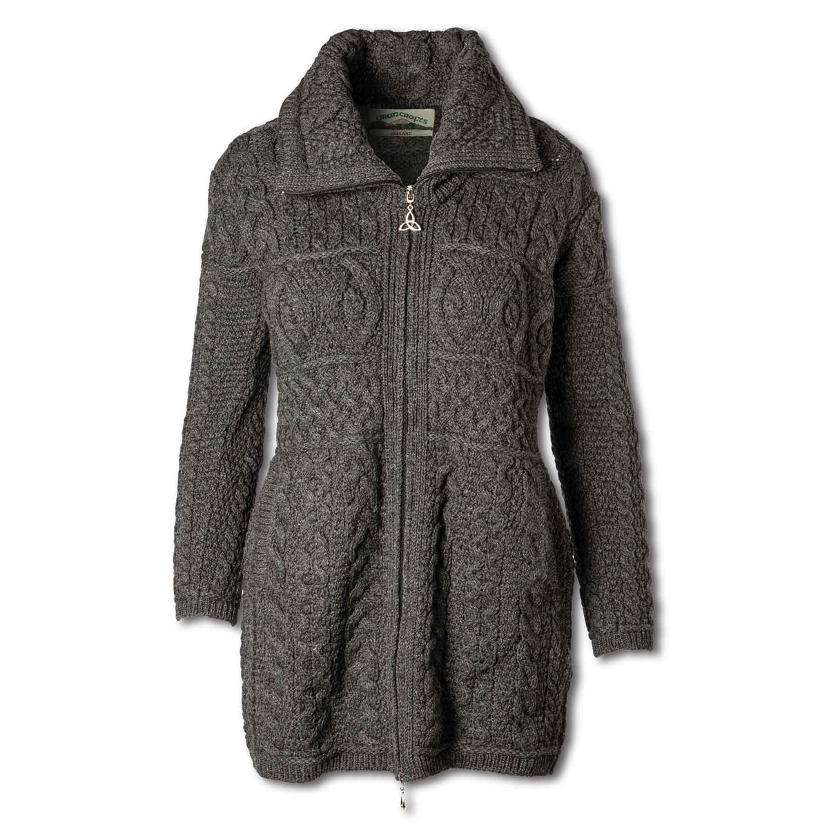 Aran Wool Sweater Jacket with Oversized Collar - Charcoal - 100% Merino Wool - Creative Irish Gifts