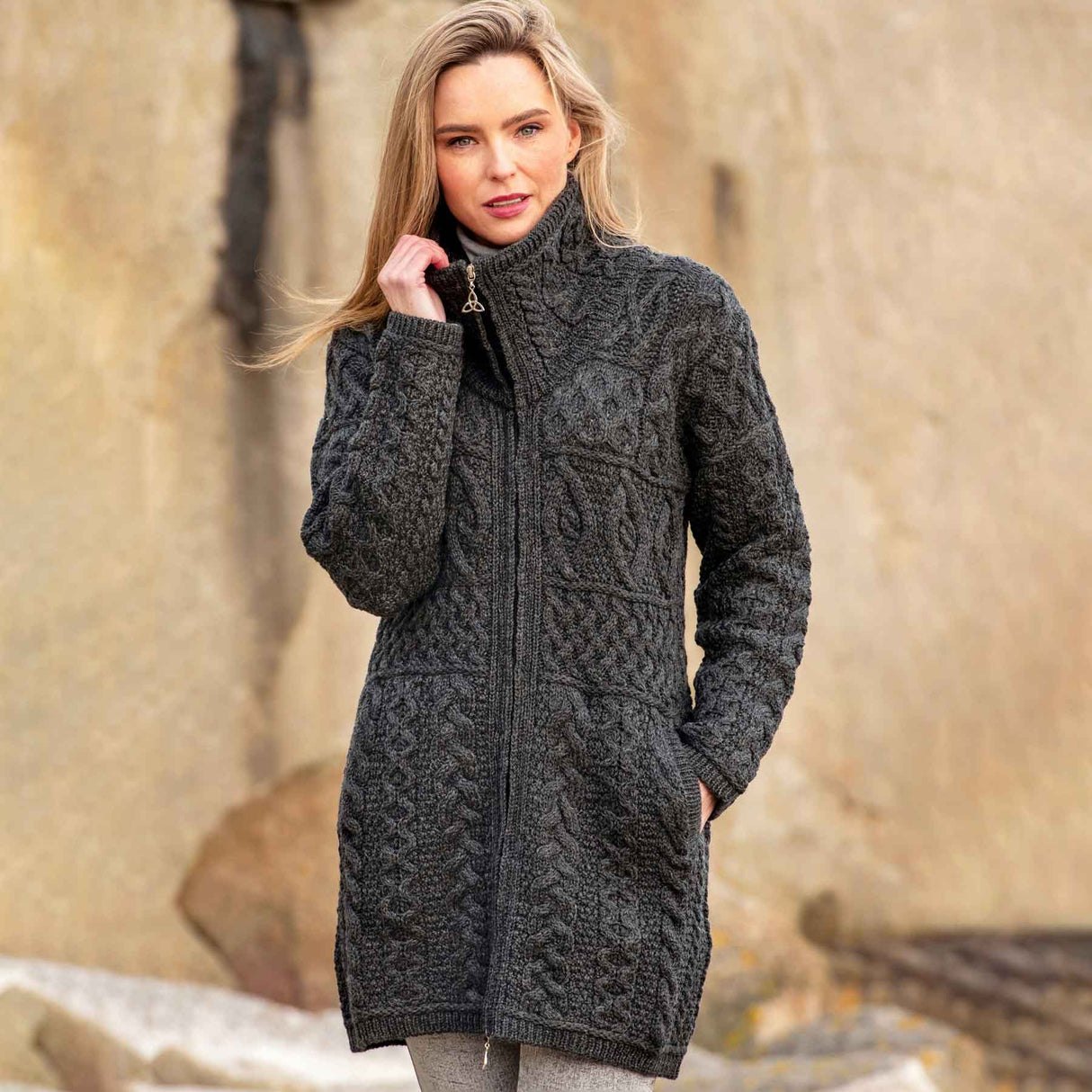 Aran Wool Sweater Jacket with Oversized Collar - Charcoal - 100% Merino Wool - Creative Irish Gifts