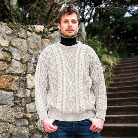 Aran Knit Plaited Crewneck Sweater, Oatmeal - Creative Irish Gifts