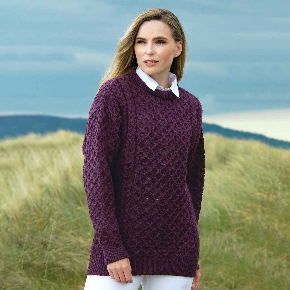 Classic Crewneck Aran Sweater- Plum - Creative Irish Gifts