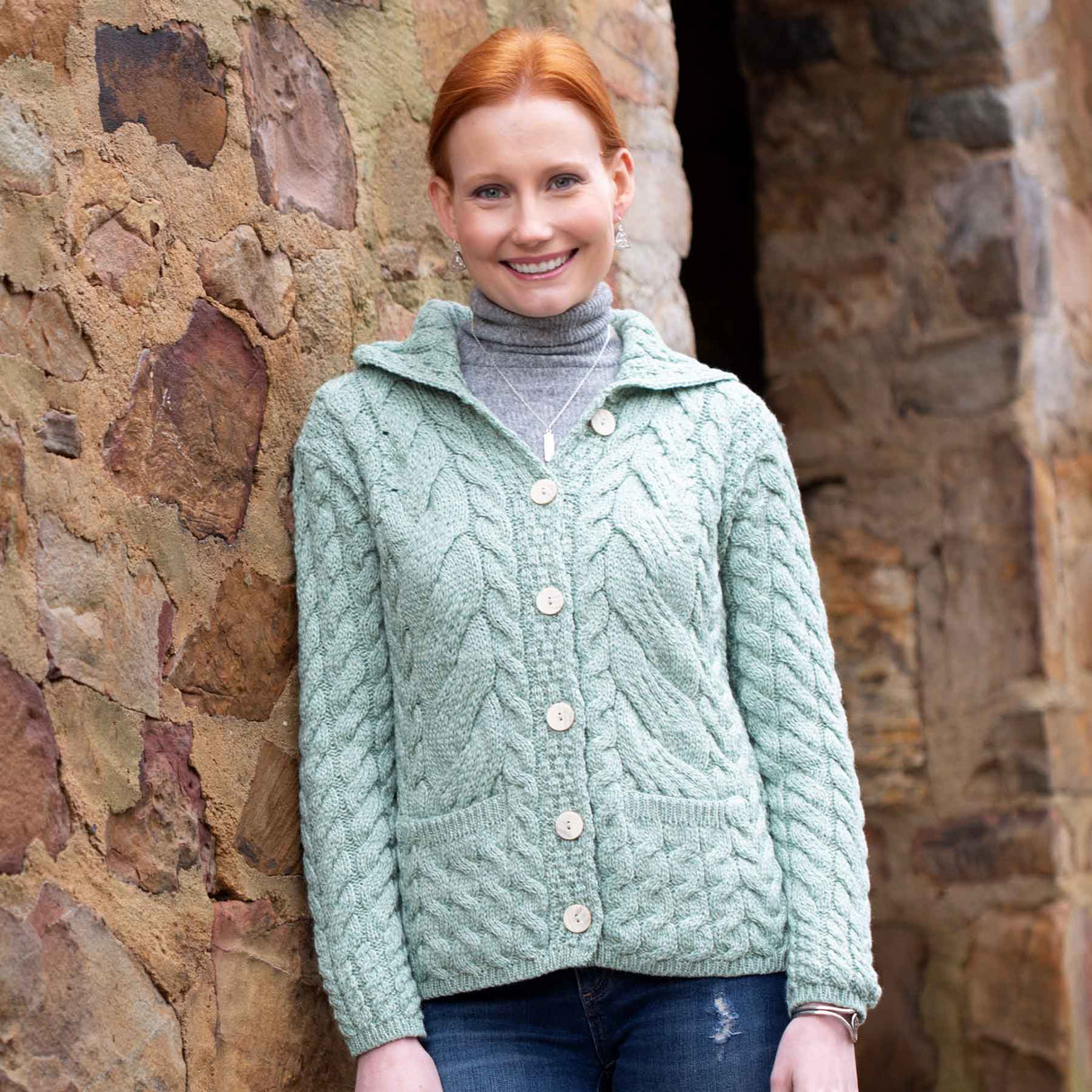 Supersoft Cable Aran Knit Cardigan, Seafoam - Creative Irish Gifts