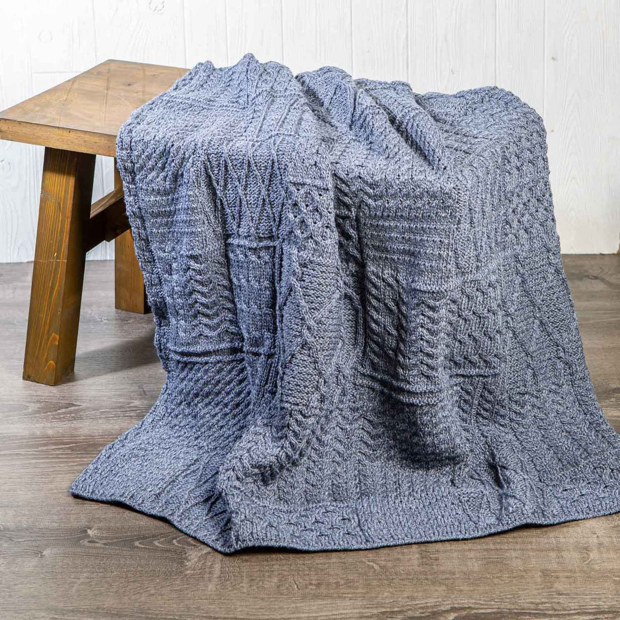 Aran Knit Patchwork Blanket- Blue - Creative Irish Gifts