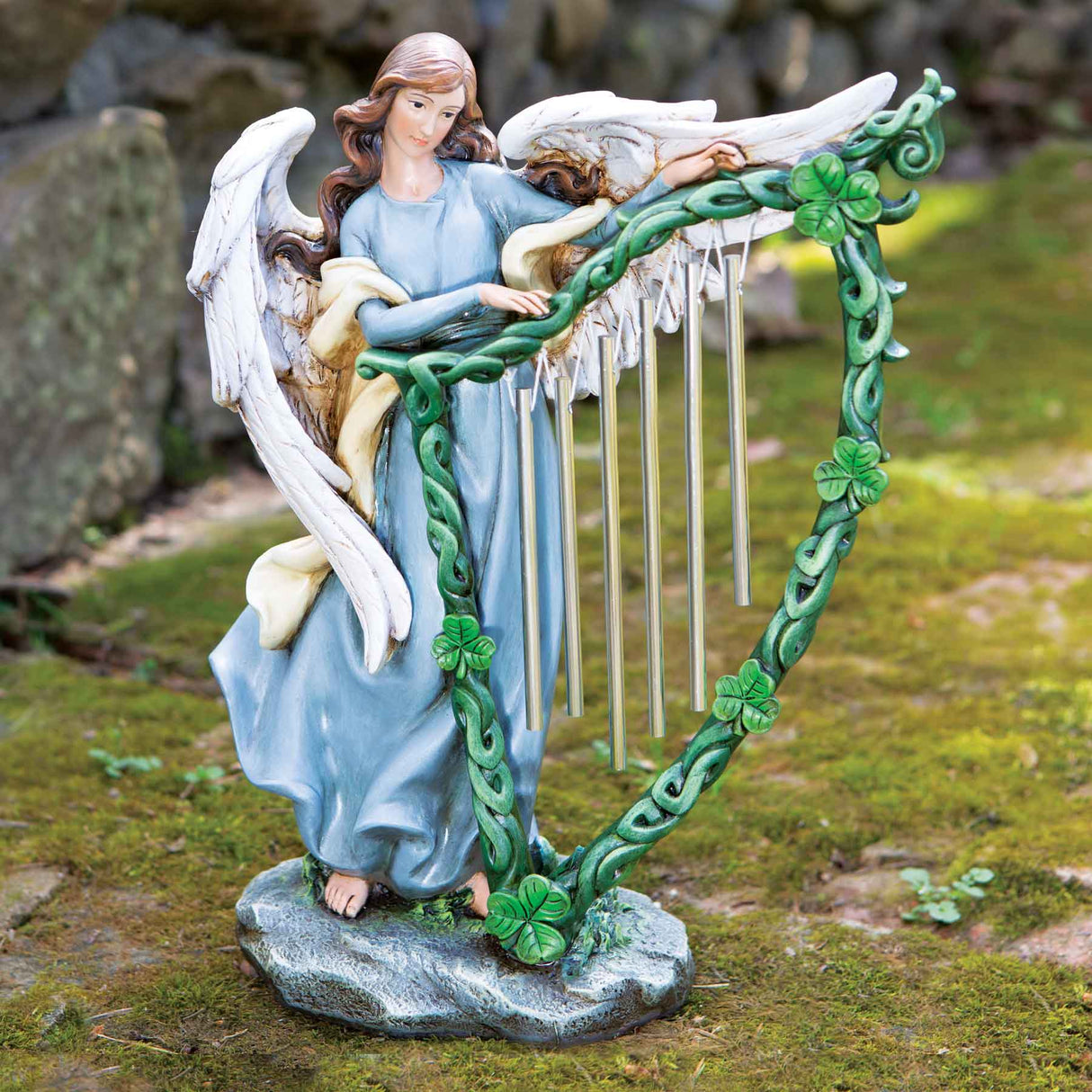 Celtic Angel with Windchime Harp Garden Statue - Creative Irish Gifts