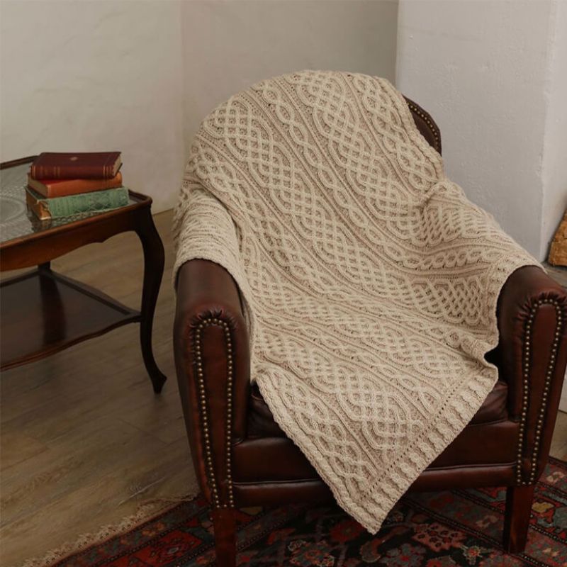 Merino Wool Aran Cable Knit Blanket Lifestyle Creative Irish Gifts
