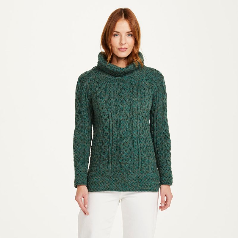 A191162 Women's Irish Aran Sweater with Roll Neck Green Creative Irish gift