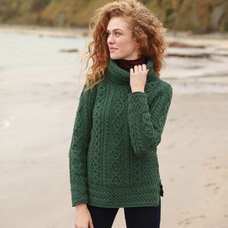 A191162 Women's Irish Aran Sweater with Roll Neck Green Lifestyle Creative Irish gift