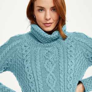 A191162 Women's Irish Aran Sweater with Roll Neck Misty Blue Creative Irish gift
