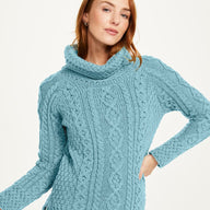 A191162 Women's Irish Aran Sweater with Roll Neck Misty Blue Creative Irish gift