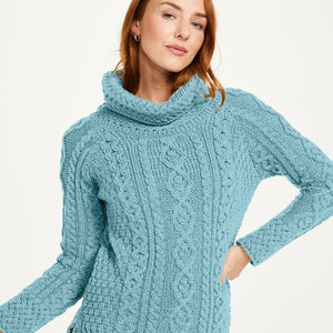 A191162 Women's Irish Aran Sweater with Roll Neck Misty Blue Creative Irish gift