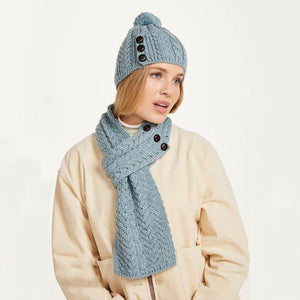 Merino Wool Aran Cable Knit Loop Scarf Misty Blue Front View Creative Irish Gift