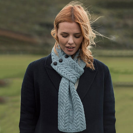 Merino Wool Aran Cable Knit Loop Scarf Misty Blue Lifestyle Creative Irish Gift