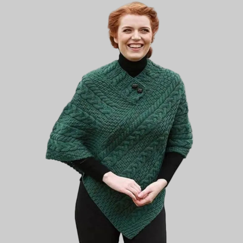 Aran Cable & Basket Merino Wool Poncho Army Green Creative Irish Gift