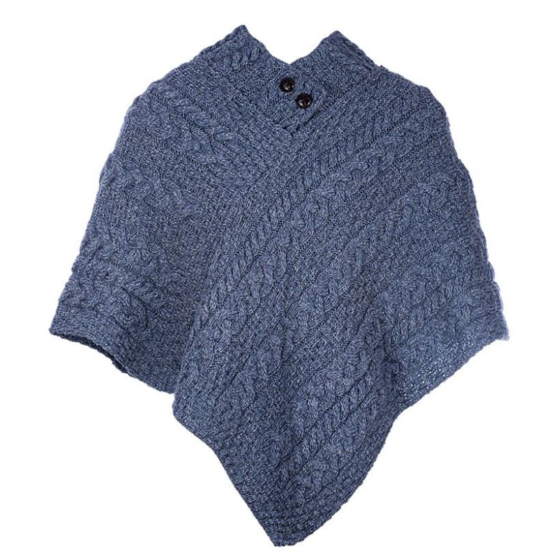 Aran Cable & Basket Merino Wool Poncho Denim Blue studio Creative Irish Gift