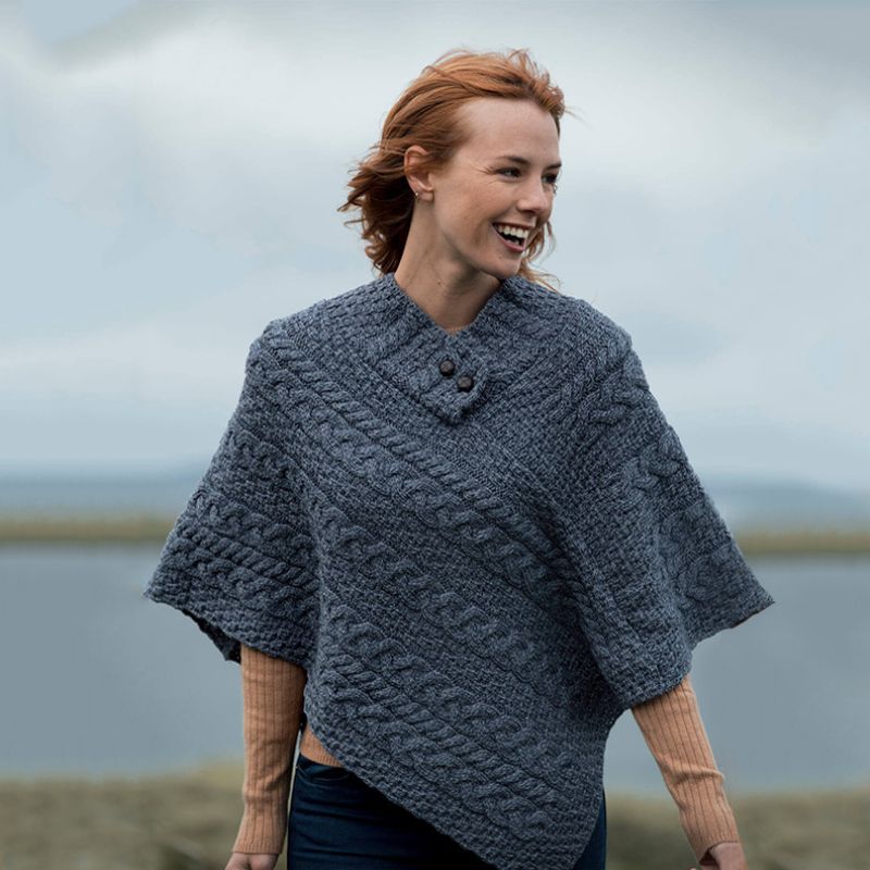 Aran Cable & Basket Merino Wool Poncho Denim Blue Lifestyle Creative Irish Gift