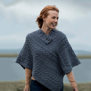 Aran Cable & Basket Merino Wool Poncho Denim Blue Lifestyle Creative Irish Gift