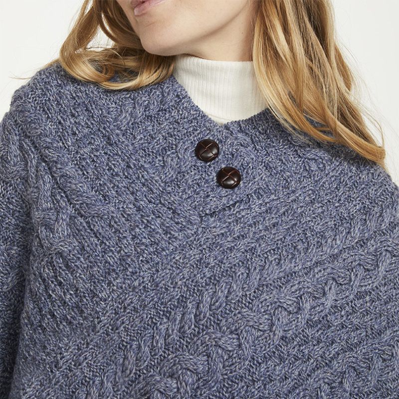 Aran Cable & Basket Merino Wool Poncho Denim Blue Creative Irish Gift