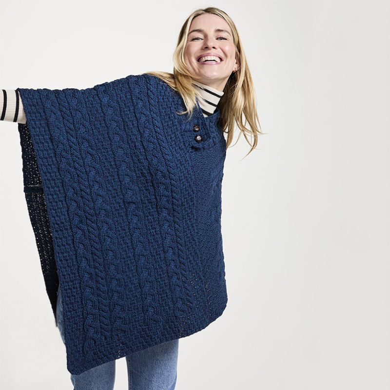 Aran Cable & Basket Merino Wool Poncho Atlantic Creative Irish Gift