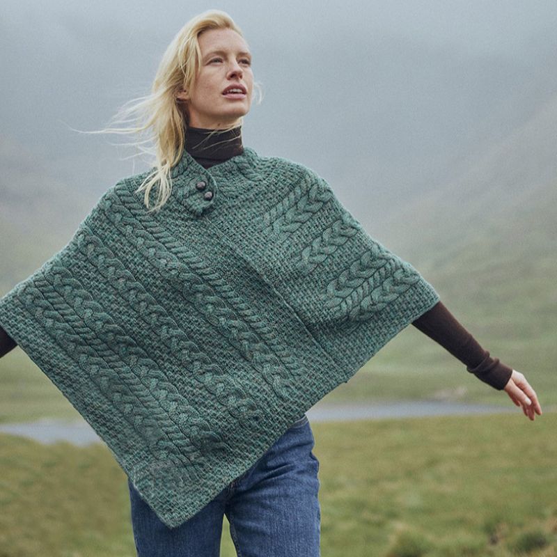 Aran Cable & Basket Merino Wool Poncho Connemara Green Lifestyle Creative Irish Gift