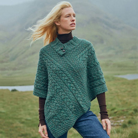 Aran Cable & Basket Merino Wool Poncho Conemara Green Lifestyle Creative Irish Gift