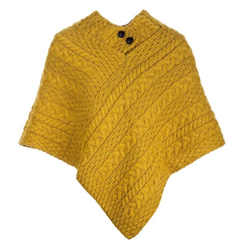 Aran Cable & Basket Merino Wool Poncho Mustard Creative Irish Gift